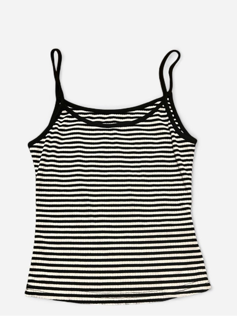 Striped Black & White Ribbed Cami with Black Trim